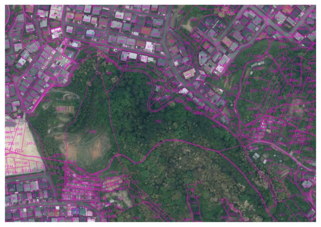 航空写真に地番境界を重ねた土地の地番図（地番から土地の場所を確認）