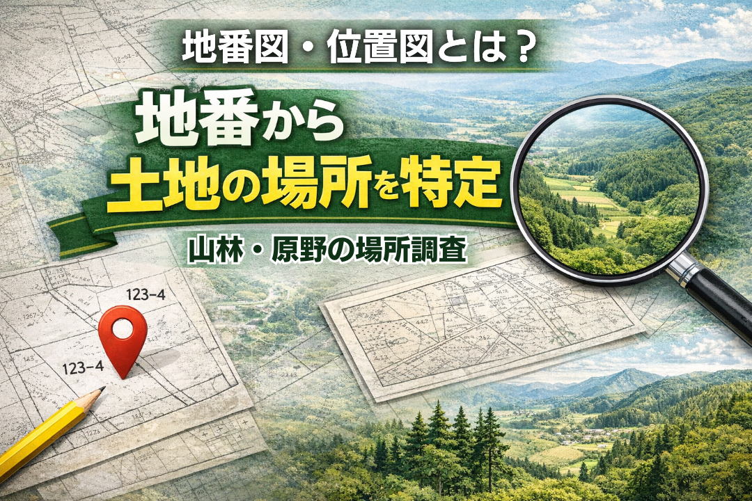 地番図・位置図を使い地番から山林や原野など土地の場所を特定するイメー