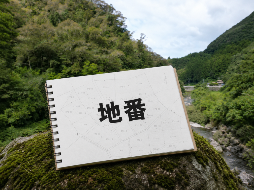 山林を背景に、公図をイメージしたノートへ「地番」と表示したアイキャッチ画像