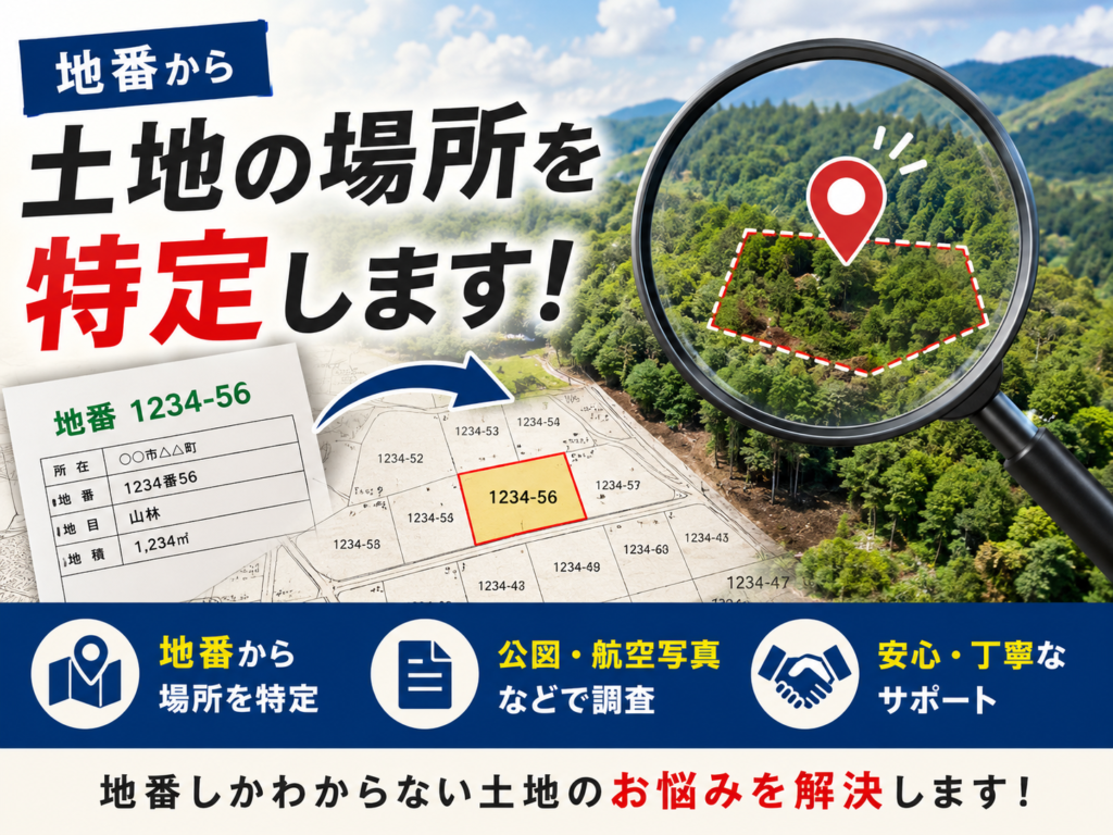 地番から土地の場所を特定するサービスをイメージした、公図・山林・虫眼鏡を組み合わせたアイキャッチ画像