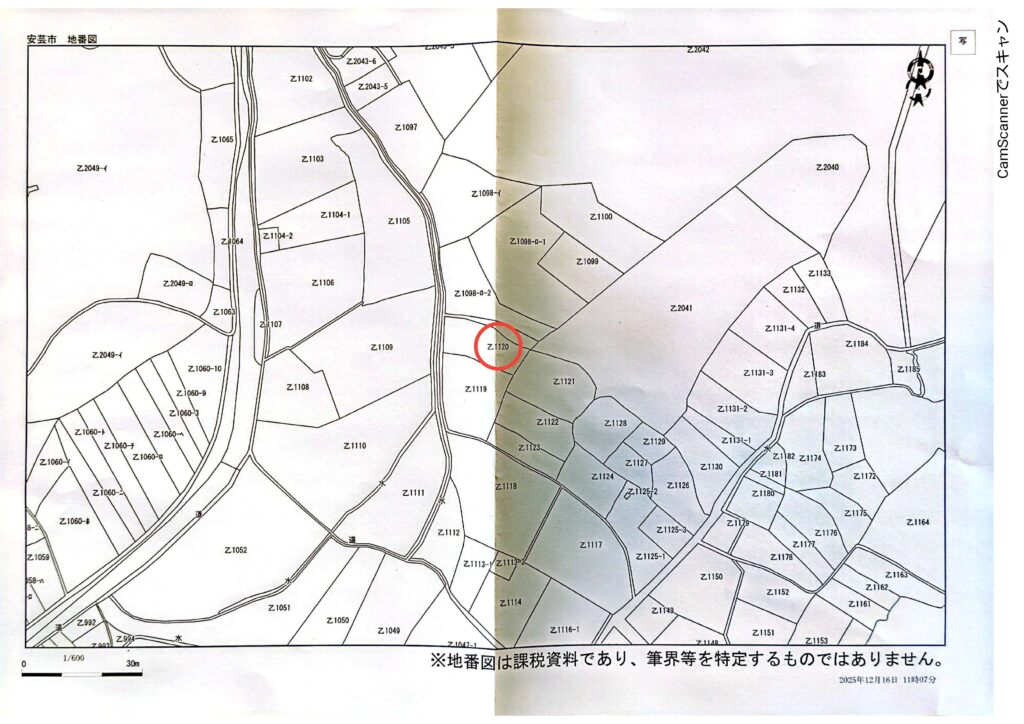 課税地番図をもとに山林の位置関係を確認した図面（対象地を赤丸で表示）