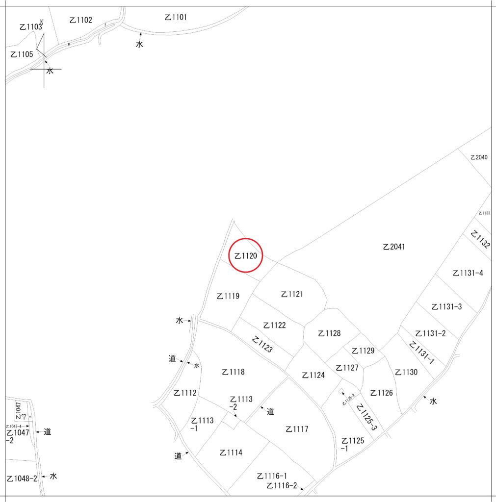 公図をもとに地番の位置関係を確認した図面（地番から土地の場所を特定するための資料）