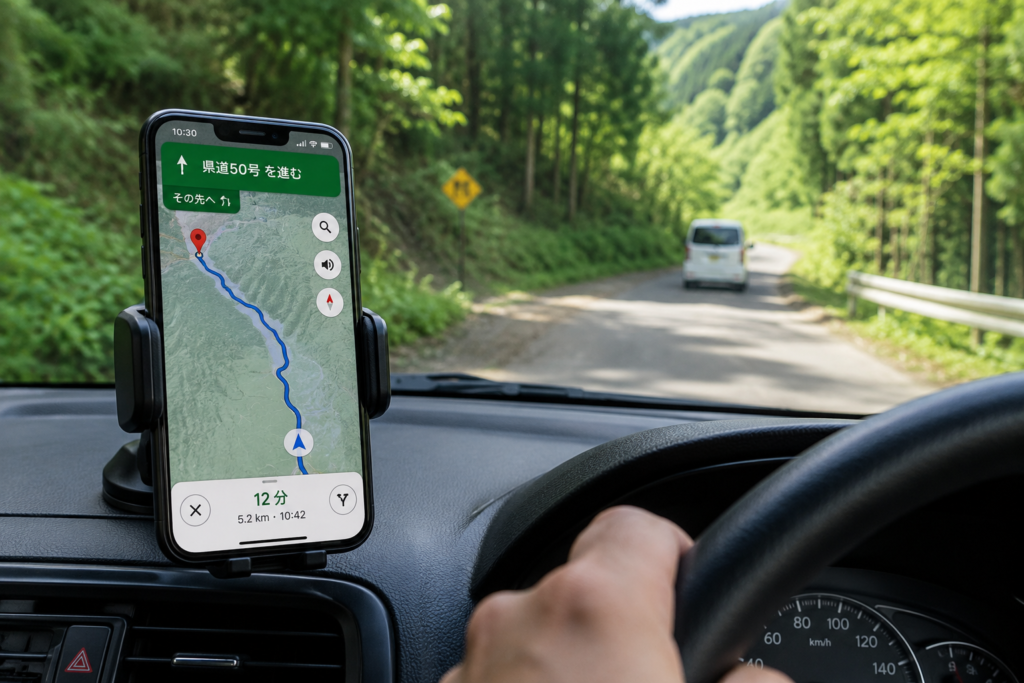 Googleマップで場所の分からなかった山林の現況確認に車で向かう写真