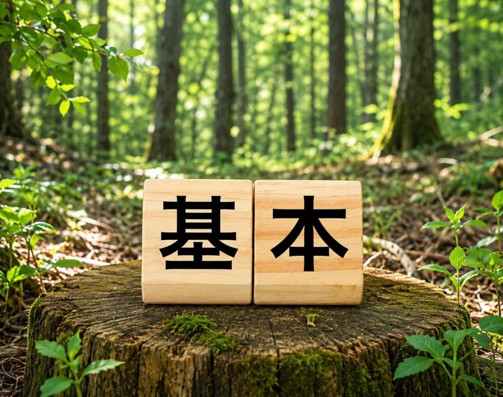 山林の切り株の上に「基本」と書かれた木製ブロックを配置したアイキャッチ画像