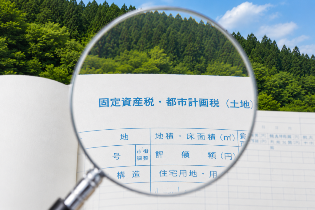山林を背景に、虫眼鏡で固定資産税・都市計画税（土地）の書類を確認しているアイキャッチ画像