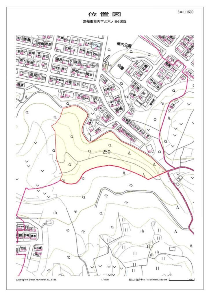地番から土地の場所を特定した位置図（山林の地番位置を示した図面）