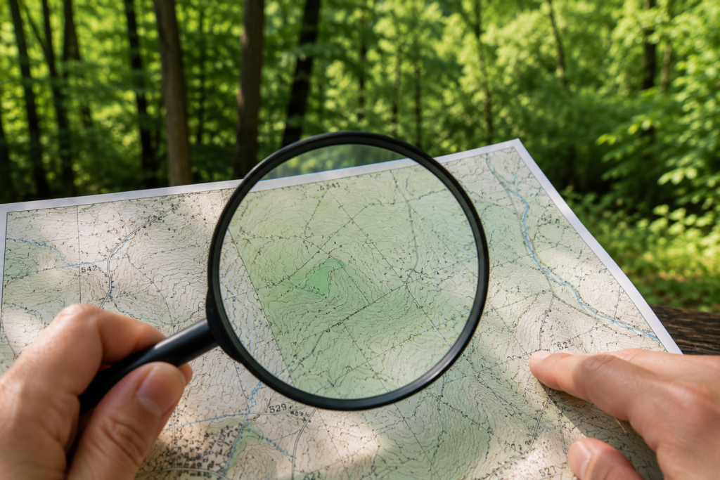山林を背景に、地図を虫眼鏡で確認しながら場所を探している様子を表したアイキャッチ画像