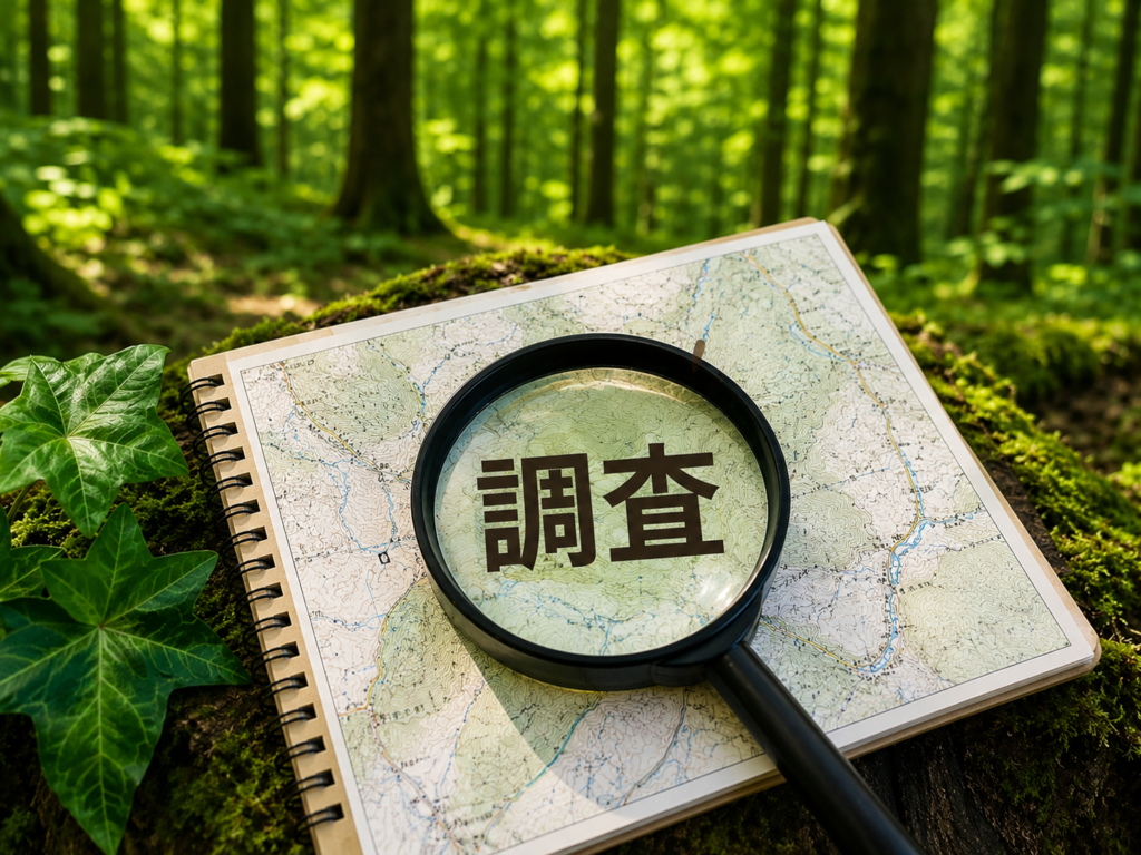 山林を背景に、地図と虫眼鏡を使って土地の位置を調査している様子を表したアイキャッチ画像