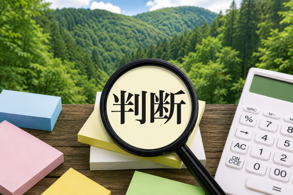 山林を背景に、虫眼鏡で「判断」の文字を強調し、山林の売却や管理、活用について判断することをイメージしたアイキャッチ画像