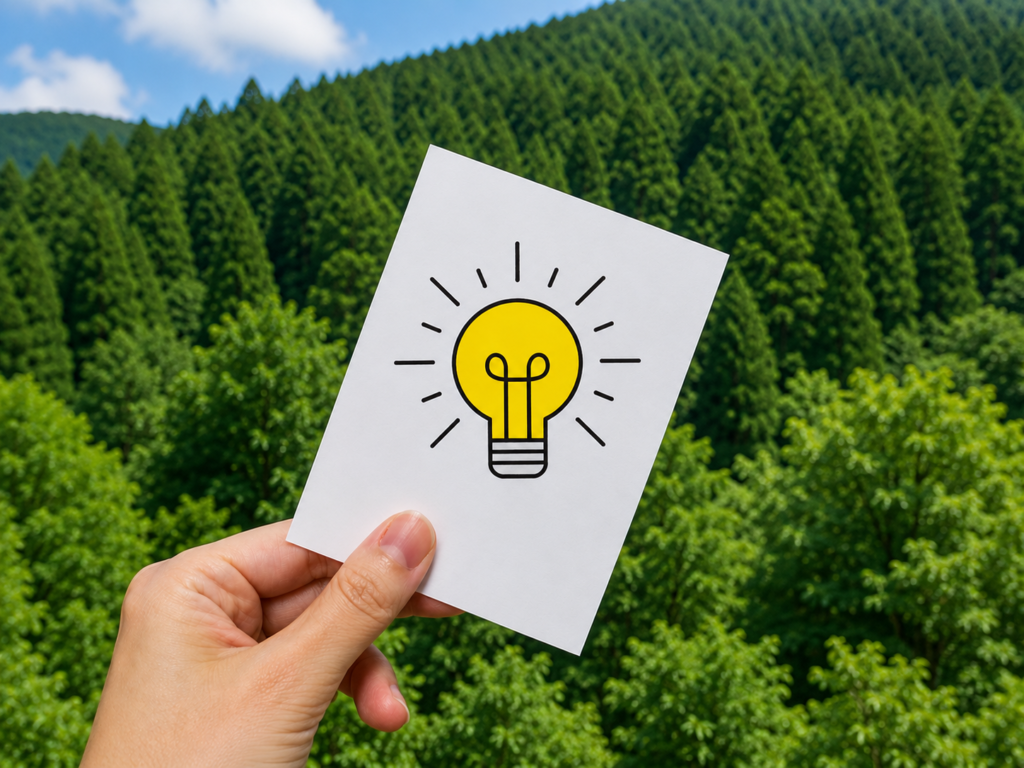 山林を背景に、ひらめきを表す電球のイラストが描かれたカードを手に持つアイキャッチ画像