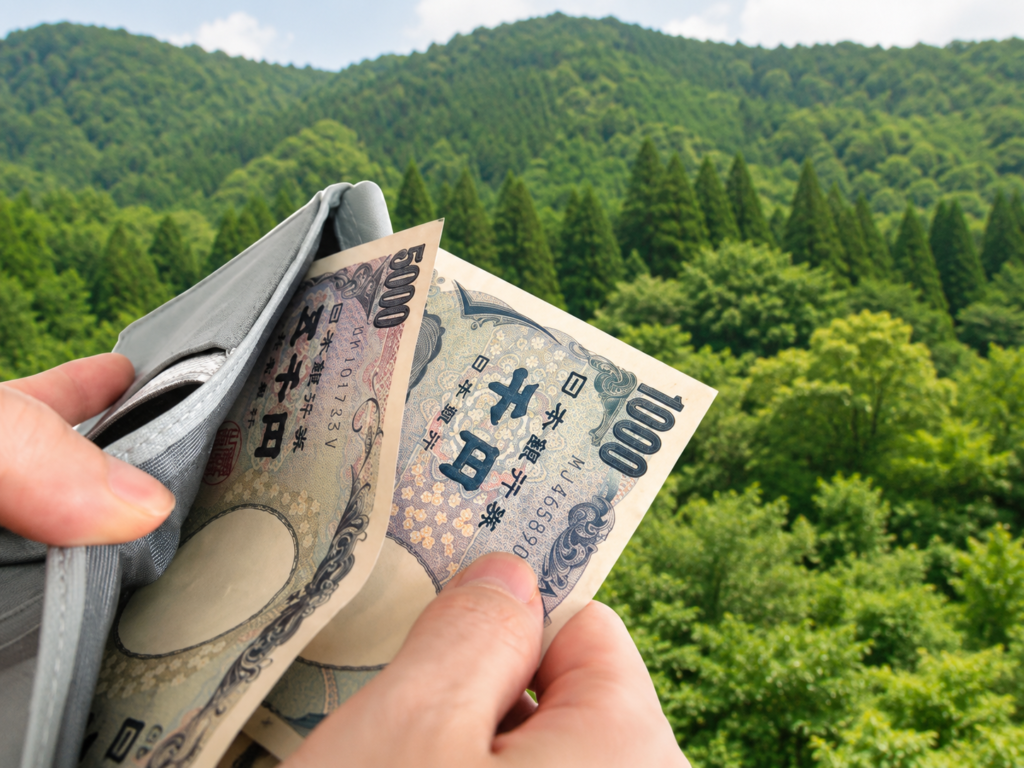 山林を背景に、財布からお札を取り出して固定資産税の支払いをイメージしたアイキャッチ画像