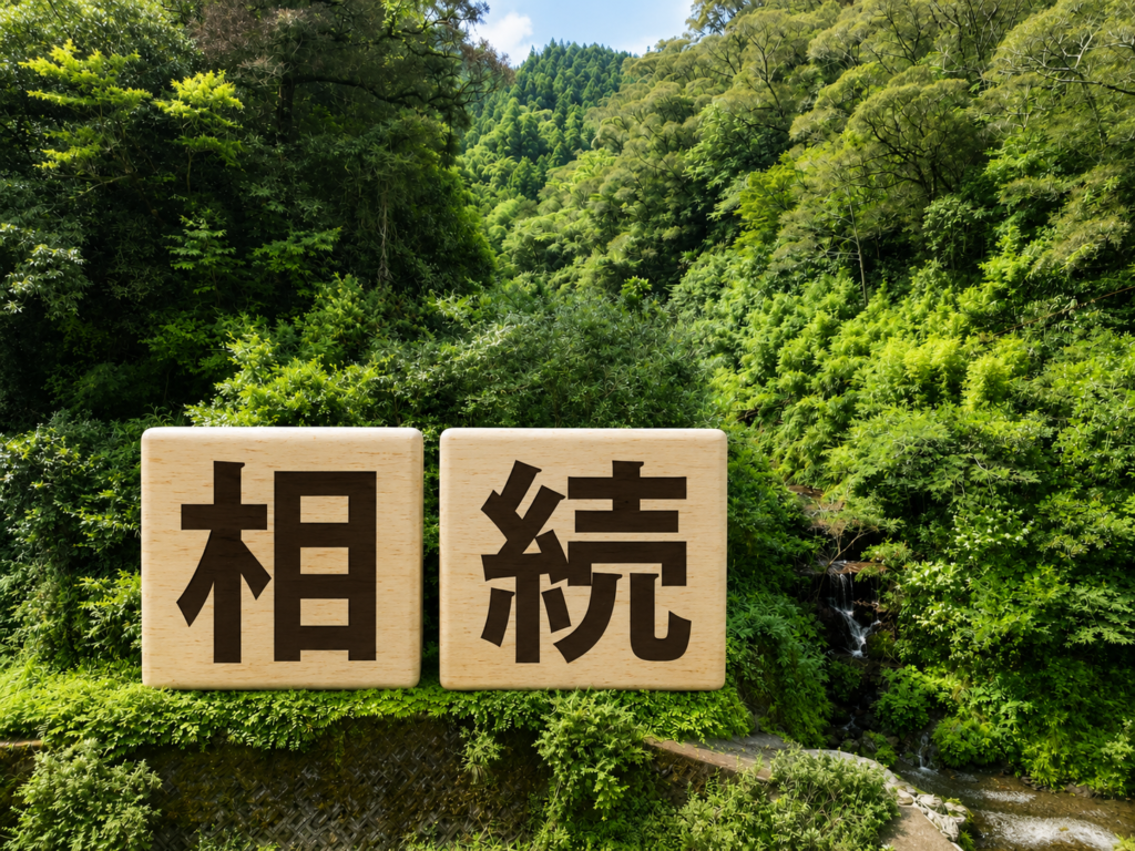 山林を背景に、「相続」と書かれた木製ブロックを大きく配置したアイキャッチ画像