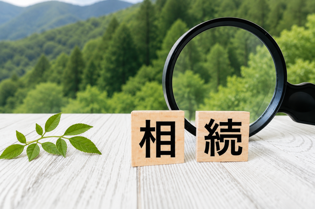山林を背景に、虫眼鏡と「相続」と書かれた木製ブロックを配置したアイキャッチ画像
