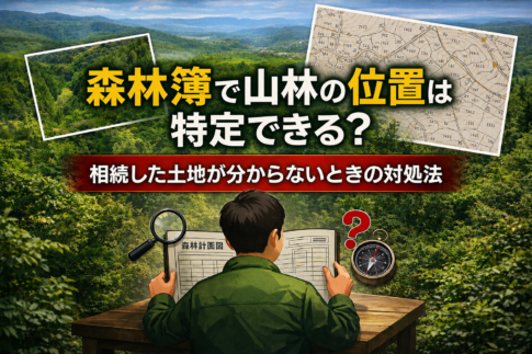 森林簿で山林の位置を特定できるのかを解説するイメージ。相続した山林の場所が分からない場合の調査方法を紹介。