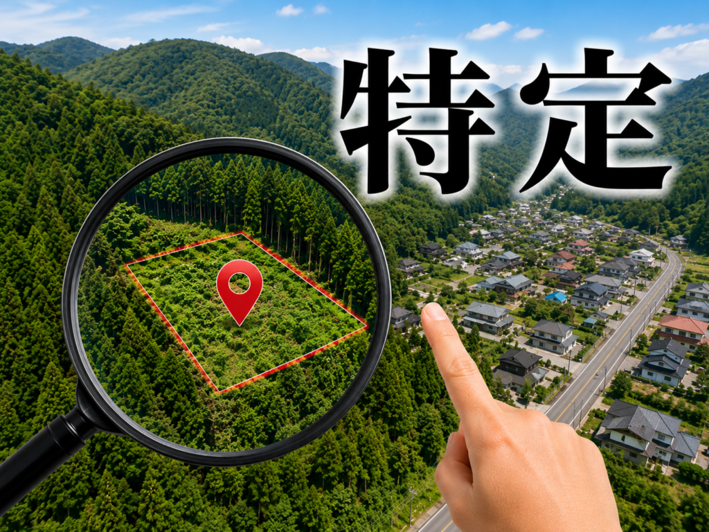 山林を含む航空写真を背景に、虫眼鏡で土地の区画を拡大し、赤いマップピンで土地の場所を特定しているアイキャッチ画像