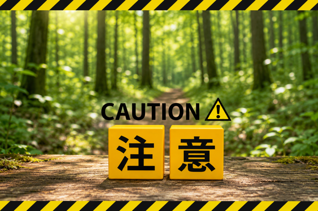 山林を背景に「注意」と書かれたブロックを配置したアイキャッチ画像