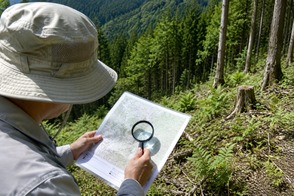 所在不明土地の調査で山林の位置を地図で確認しているイメージ画像