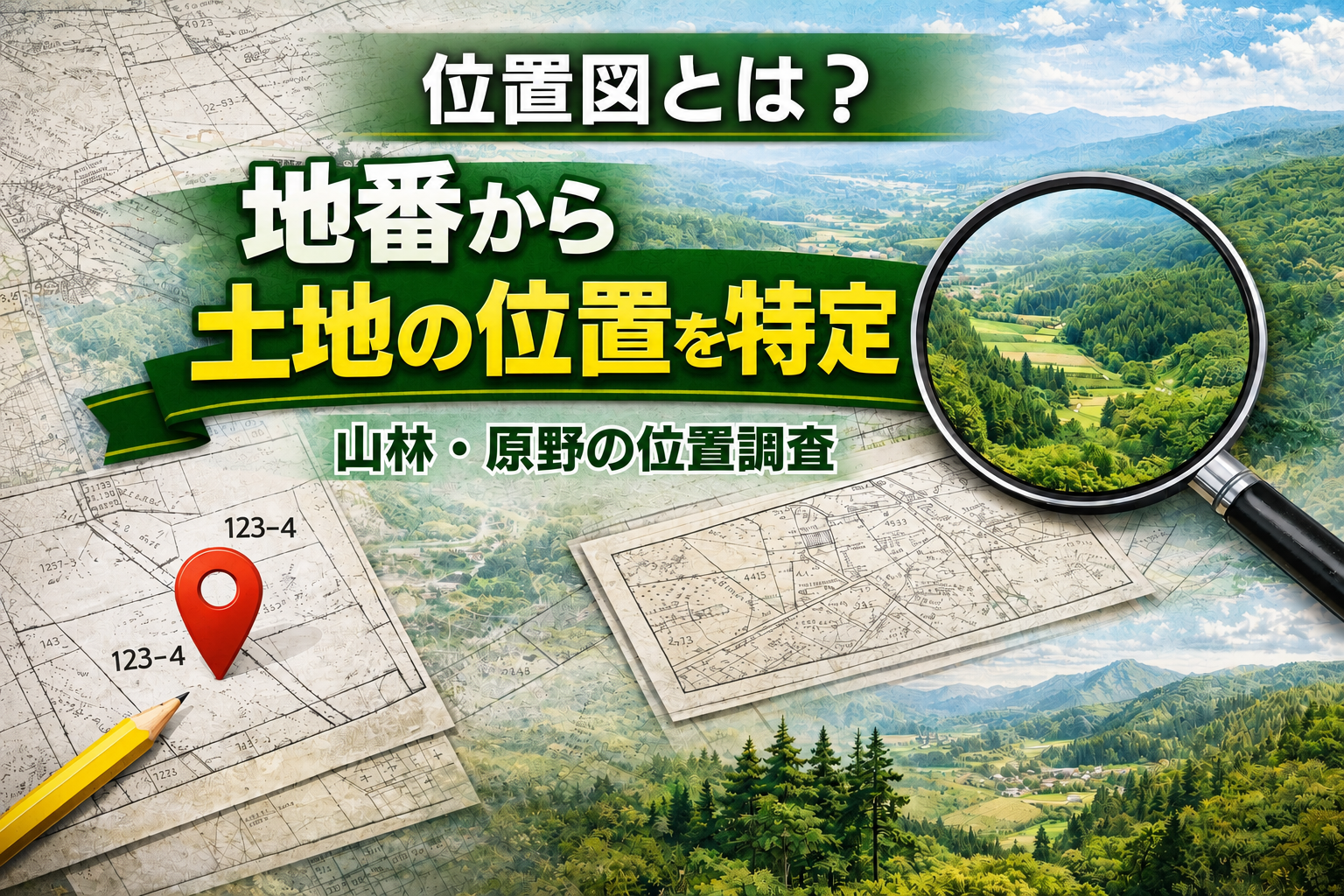 位置図とは何かを解説するイメージ。地番から土地の位置を特定し、山林・原野の位置調査を行うサービスを紹介。